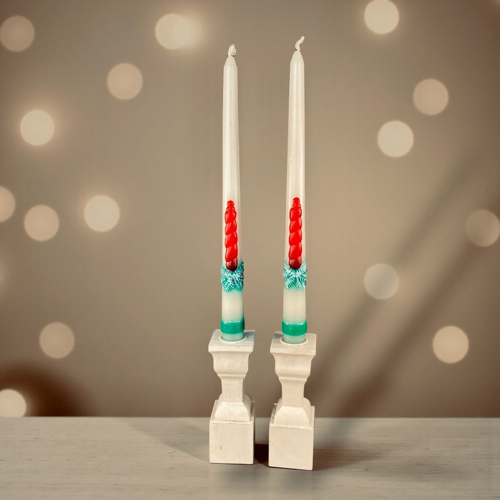 1950s Christmas Taper Candles‎ Red Green Snow Drip Pair Wood Holders Never Lit